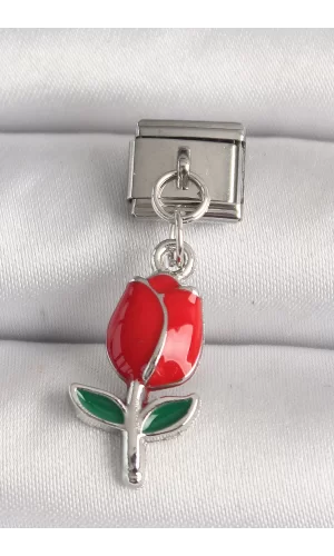 316L Çelik Gümüş Renk Kırmızı Gül Model Nomination Charm