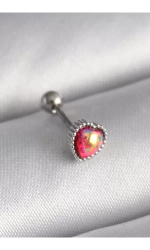 316L Çelik Gümüş Renk Kırmızı Mineli Kalp Tragus Piercing