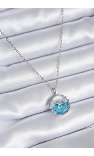 316L Çelik Gümüş Renk Mavi Kristal Taşlı Balina Model Kadın Kolye