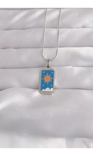 316L Çelik Gümüş Renk Mavi Mineli Güneş Model Tarot Kolye