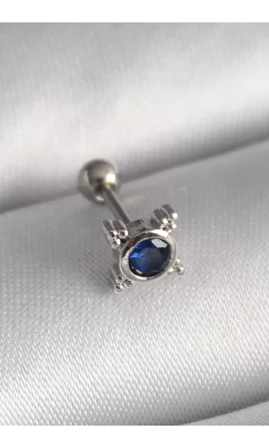 316L Çelik Gümüş Renk Mavi Zirkon Taşlı Tragus Piercing
