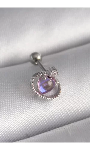 316L Çelik Gümüş Renk Mor Mineli Kalp Zirkon Taş Detay Tragus Piercing
