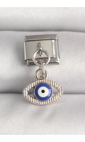 316L Çelik Gümüş Renk Nazar Boncuk Detaylı Göz Model Nomination Charm