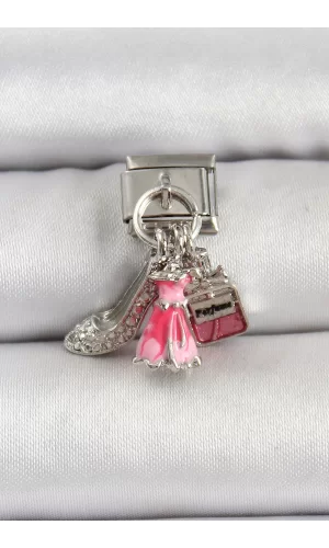 316L Çelik Gümüş Renk Pembe Elbise Kombini Model Nomination Charm