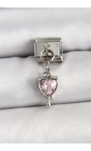 316L Çelik Gümüş Renk Pembe Kalp Model Nomination Charm
