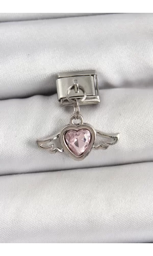 316L Çelik Gümüş Renk Pembe Kanatlı Kalp Model Nomination Charm