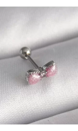 316L Çelik Gümüş Renk Pembe Kurdele Zirkon Taş Detay Tragus Piercing