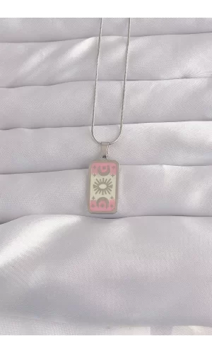 316L Çelik Gümüş Renk Pembe Mineli Ay Figür Tarot Kolye