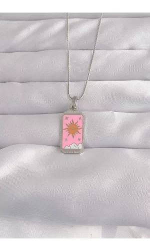 316L Çelik Gümüş Renk Pembe Mineli Güneş Model Tarot Kolye