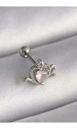 316L Çelik Gümüş Renk Pembe Mineli Kalp Zirkon Taş Detay Tragus Piercing