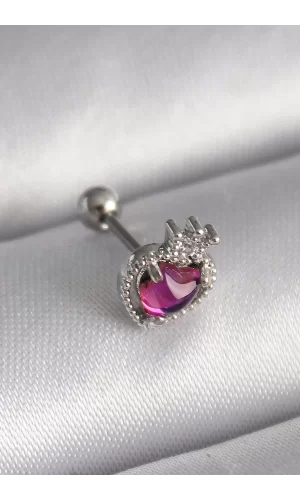316L Çelik Gümüş Renk Pembe Mineli Kalp Zirkon Taş Detaylı Taç Tragus Piercing