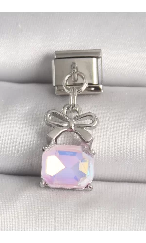 316L Çelik Gümüş Renk Pembe Zirkon Taşlı Çanta Model Nomination Charm