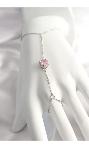 316L Çelik Gümüş Renk Pembe Zirkon Taşlı Kalp Şahmeran