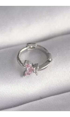 316L Çelik Gümüş Renk Pembe Zirkon Taşlı Kelebek Model Tragus Piercing