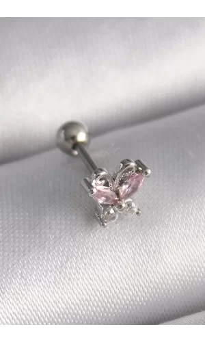 316L Çelik Gümüş Renk Pembe Zirkon Taşlı Kelebek Tragus Piercing