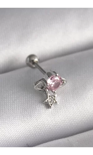316L Çelik Gümüş Renk Pembe Zirkon Taşlı Sallantı Yıldız Detay Tragus Piercing