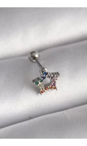 316L Çelik Gümüş Renk Renkli Zirkon Taşlı Yıldız Model Tragus Piercing