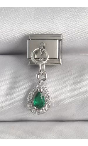 316L Çelik Gümüş Renk Sallantı Yeşil Zirkon Taşlı Damla Model Nomination Charm