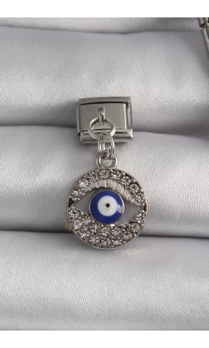 316L Çelik Gümüş Renk Sallantı Zirkon Taşlı Göz Model Nazar Boncuk Detay Nomination Charm