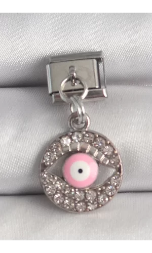 316L Çelik Gümüş Renk Sallantı Zirkon Taşlı Pembe Göz Model Nomination Charm