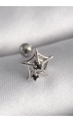 316L Çelik Gümüş Renk Siyah Zirkon Taş Detay Örümcek Ağ Model Tragus Piercing