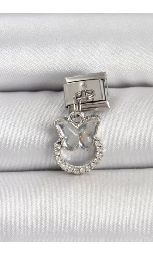316L Çelik Gümüş Renk Taşlı Kelebek Model Nomination Charm