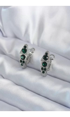 316L Çelik Gümüş Renk Yeşil Kristal Taş İşleme Yılan Model Kadın Küpe