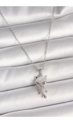 316L Çelik Gümüş Renk Zincir Zirkon Taşlı Kedi Model Kadın Kolye