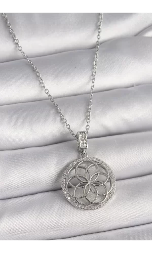 316L Çelik Gümüş Renk Zincir Zirkon Taşlı Lotus Model Kadın Kolye