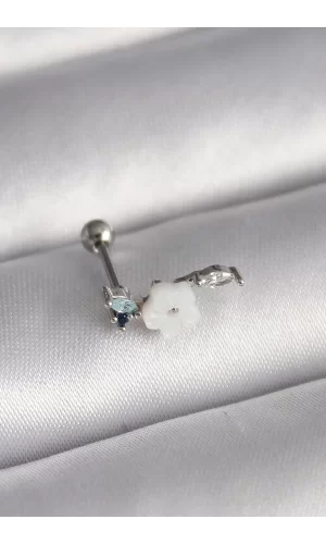 316L Çelik Gümüş Renk Zirkon Taş Detay Beyaz Çiçek Model Tragus Piercing