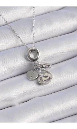 316L Çelik Gümüş Renk Zirkon Taş Detay Kalp Model Charm Kadın Kolye