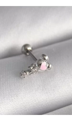 316L Çelik Gümüş Renk Zirkon Taş Detay Pembe Kalp İşleme Tragus Piercing