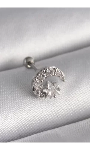 316L Çelik Gümüş Renk Zirkon Taşlı Ay Yıldız Tragus Piercing