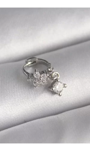 316L Çelik Gümüş Renk Zirkon Taşlı Çiçek Model Sallantı Detay Tragus Piercing