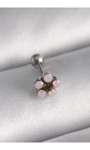 316L Çelik Gümüş Renk Zirkon Taşlı Çiçek Tragus Piercing