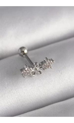 316L Çelik Gümüş Renk Zirkon Taşlı Çiçek Tragus Piercing