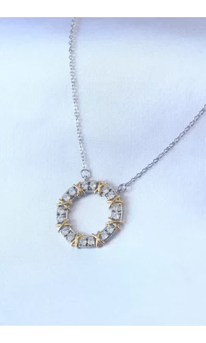 316L Çelik Gümüş Renk Zirkon Taşlı Gold Detay Xoxo Kadın Kolye