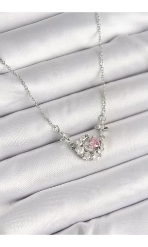 316L Çelik Gümüş Renk Zirkon Taşlı Hilal Pembe Kalp Model Kadın Kolye