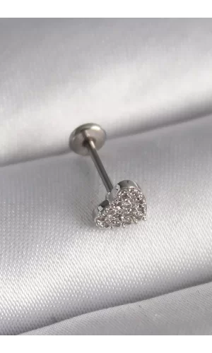 316L Çelik Gümüş Renk Zirkon Taşlı Kalp Model Tragus Piercing