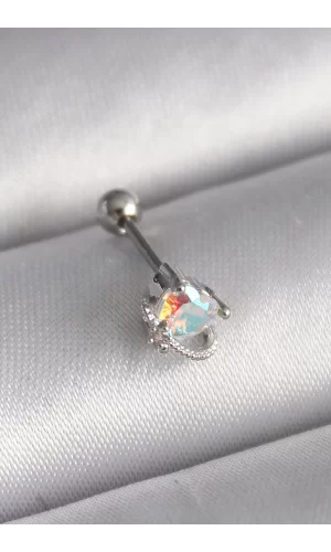 316L Çelik Gümüş Renk Zirkon Taşlı Kalp Tragus Piercing