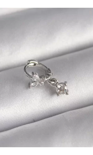 316L Çelik Gümüş Renk Zirkon Taşlı Kelebek Model Sallantı Detay Tragus Piercing