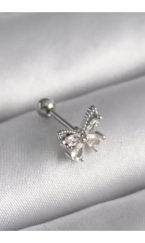 316L Çelik Gümüş Renk Zirkon Taşlı Kelebek Tragus Piercing