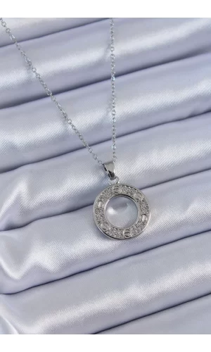 316L Çelik Gümüş Renk Zirkon Taşlı Model Kadın Kolye