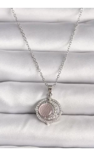 316L Çelik Gümüş Renk Zirkon Taşlı Pembe Sedefli Hilal Model Kadın Kolye