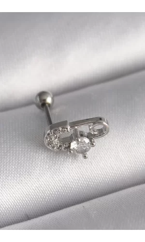 316L Çelik Gümüş Renk Zirkon Taşlı Toplu İğne Tragus Piercing