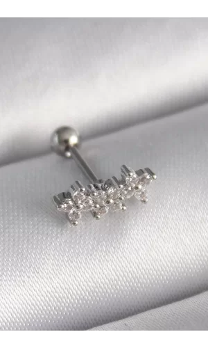 316L Çelik Gümüş Renk Zirkon Taşlı Yonca Tragus Piercing