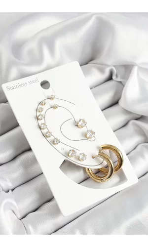 316L Çelik Halka Figürlü Ve Zirkon Taşlı Gold Renk 7li Çift Kadın Küpe Set