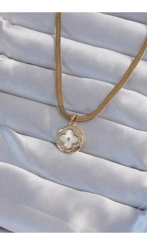 316L Çelik İtalyan Zincirli Gold Renk Zirkon Taşlı Sedefli Yonca Model Kolye