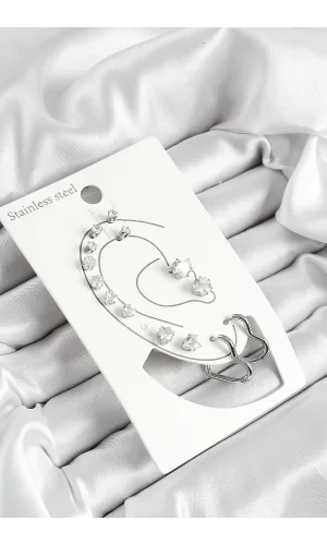316L Çelik Kalp Figürlü Ve Zirkon Taşlı Gümüş Renk 7li Çift Kadın Küpe Set