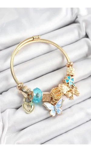 316L Çelik Mavi Zirkon Taşlı Kelebek Fiyonk Ve Kilit Model Gold Renk Charm Bileklik